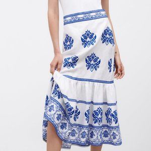 NWT Zara Embroidered Linen Midi Skirt